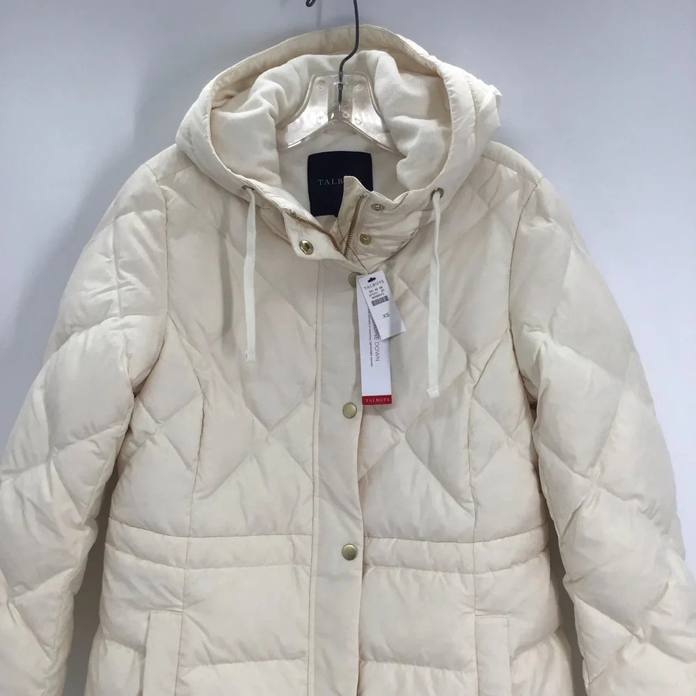 Talbots Women’s Hooded Down Puffer Coat Warm Winter NWT Creme’ Size XS - Picture 4 of 14